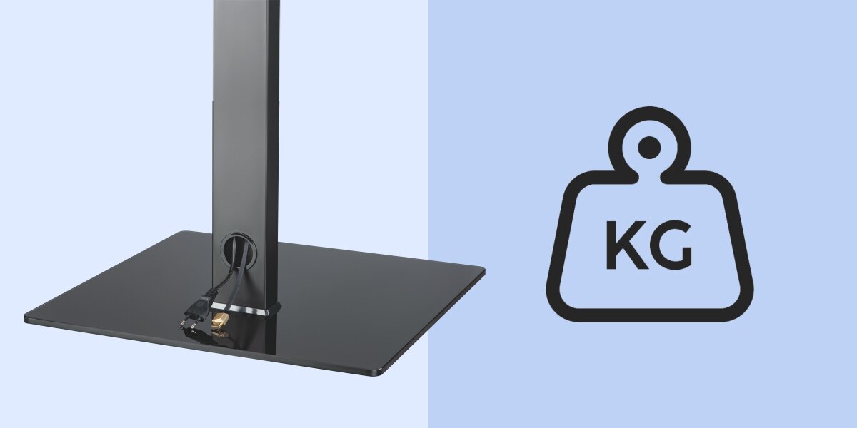 Stojak podłogowy HAMA do TV 32-65 cali z regulowaną wysokością - Bezpieczna stabilność, do 35 kg udźwigu, Antypoślizgowe stopki, kadr stopy stojaka na niebieskim tle