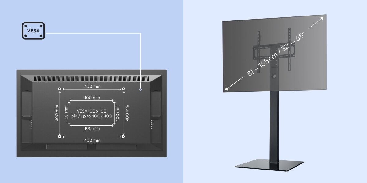 Stojak podłogowy HAMA do TV 32-65 cali z regulowaną wysokością - Pełna funkcjonalność, VESA, Regulacja wysokości w trzech poziomach, obrót do 60°, stojak po skosie na niebieskim tle, telewizor od tyłu na niebieskim tle
