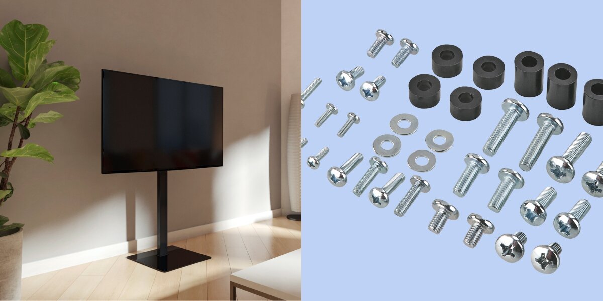 Stojak podłogowy HAMA do TV 32-65 cali z regulowaną wysokością - Łatwy montaż, stojak wraz z telewizorem stojący w pomieszczeniu na podłodze, zestaw elementów montażowych na niebieskim tle