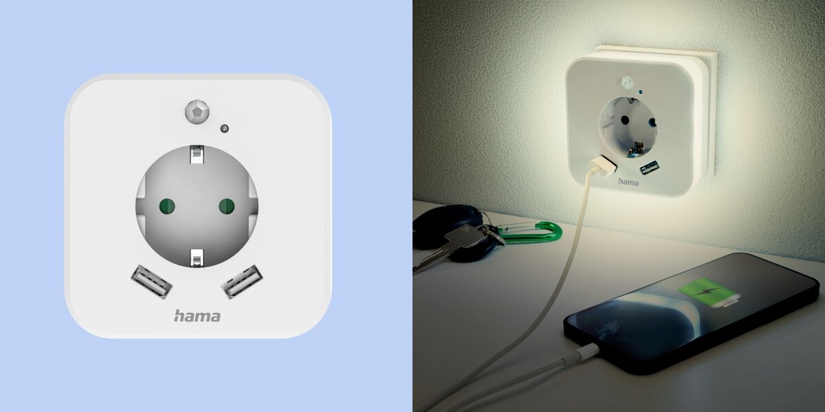 Gniazdko HAMA 223507 Lampka nocna do kontaktu Hama z gniazdkiem elektrycznym i 2 portami USB, z czujnikiem ruchu i zmierzchu.