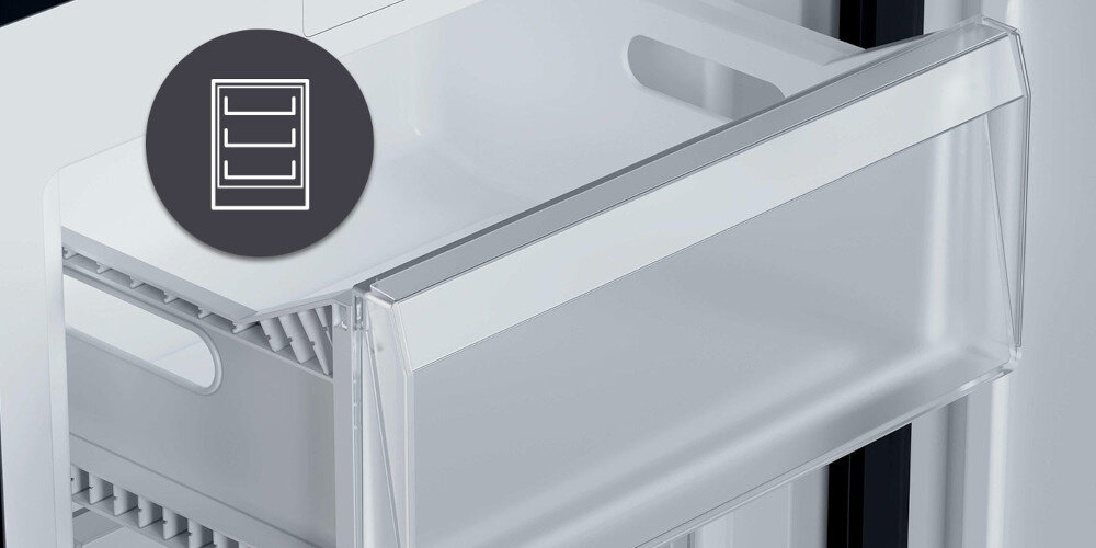 ZAMRAŻARKA CANDY CNUQ2L58EBH wizualizacja ikona wnętrze trzy pojemne szuflady przezroczyste białe organizacja wygoda bez wahań temperatury