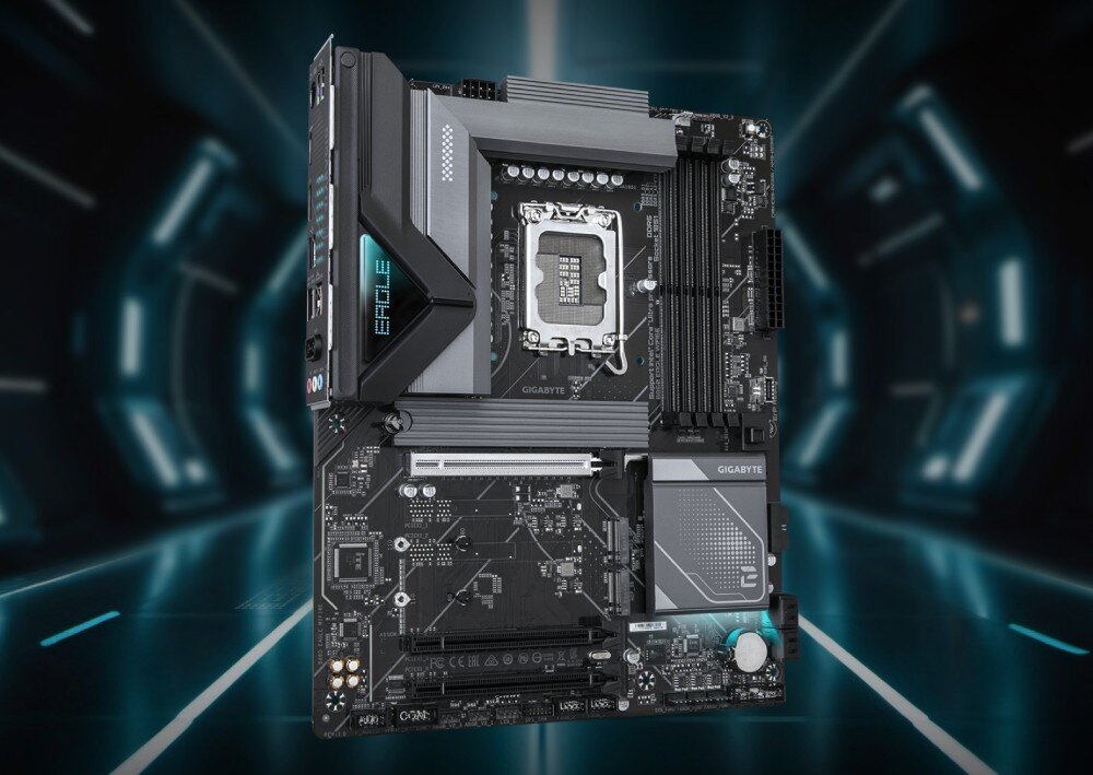 Płyta główna GIGABYTE B860 Eagle WiFi6E Widok na płytę główną z różnymi złączami, gniazdami i radiatorami, z napisem EAGLE na panelu, opis