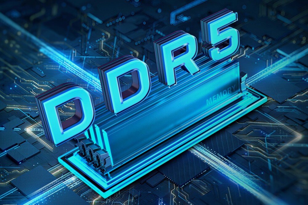 Płyta główna GIGABYTE B860 Eagle WiFi6E Graficzna ilustracja pamięci RAM z napisem DDR5 na ciemnoniebieskim tle układu scalonego, kompatybilność, procesory, pamięć RAM