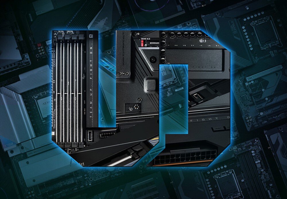 Płyta główna GIGABYTE B860 Eagle WiFi6E Stylizowana grafika przedstawiająca litery „UD”, wewnątrz których widoczne są fragmenty płyt głównych, konstrukcja, trwałość, wzmocnione sloty PCIe