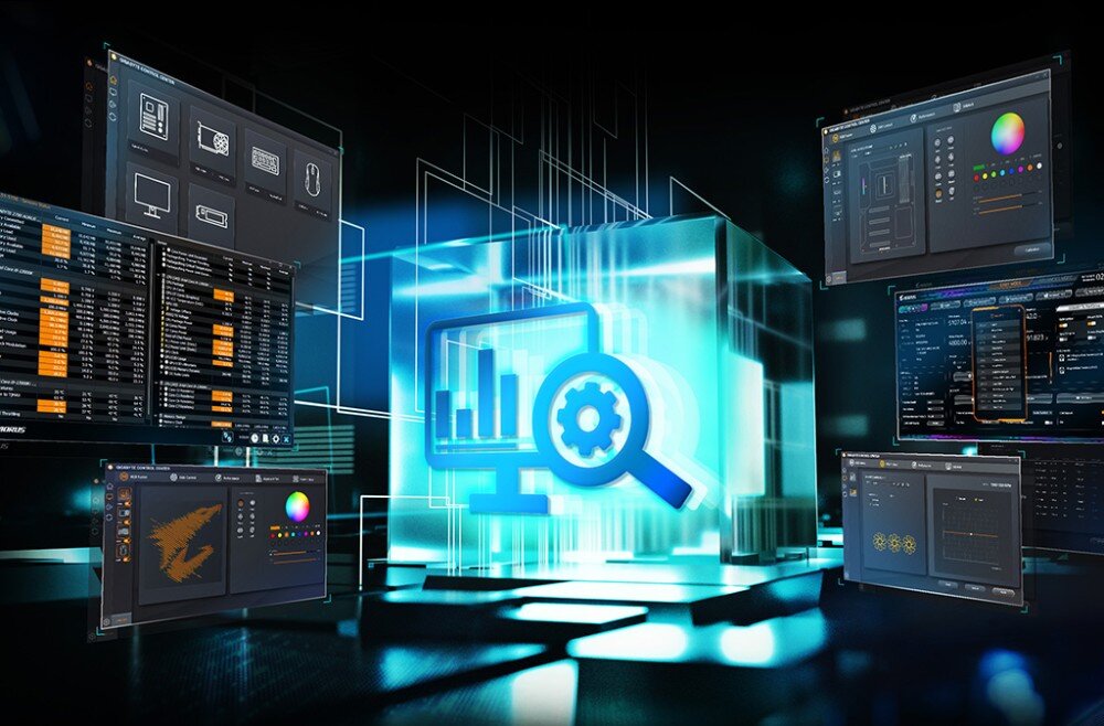 Płyta główna GIGABYTE B860 Eagle WiFi6E Ilustracja przedstawiająca wiele okien oprogramowania służącego do kontroli i konfiguracji systemu komputerowego, oprogramowanie, podświetlenie, kontrola