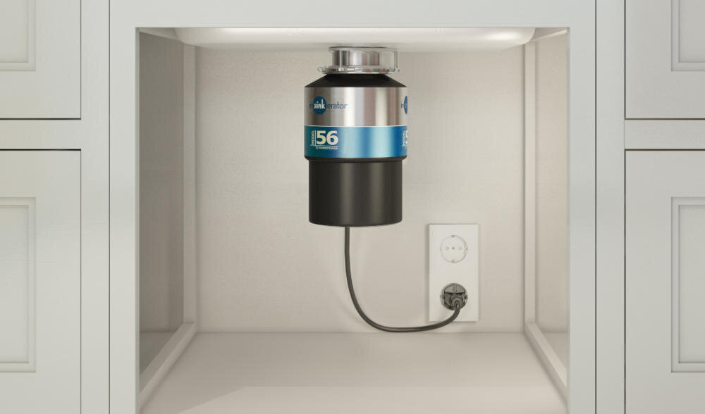 INSINKERATOR Model 56 młynek wysoka jakość mocny silnik rozsrabnianie wyłącznik pneumatyczny chrom komora instalacja montaż