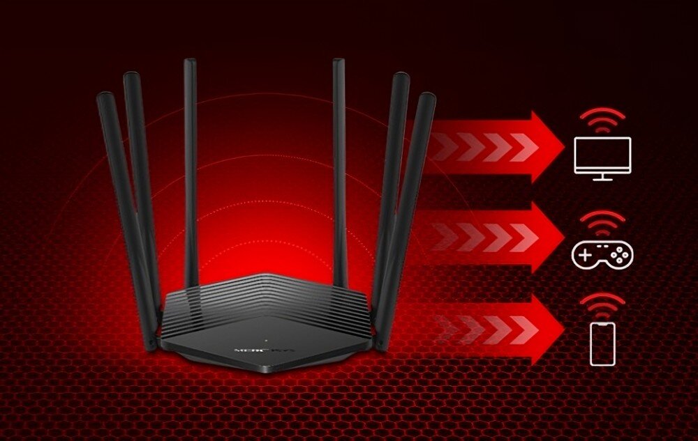 Router MERCUSYS MR50G Router ustawiony na tle czerwonej siatki, z trzema czerwonymi strzałkami wychodzącymi w stronę ikon symbolizujących komputer, konsolę do gier i smartfon, sugerując równoczesne połączenie wielu urządzeń, połączenie, urządzenia