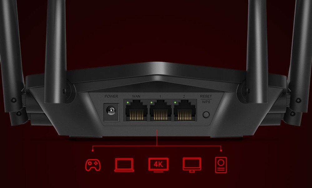 Router MERCUSYS MR50G Widok tylnego panelu routera z portami Ethernet oraz przyciskami zasilania i resetowania. Pod spodem znajdują się czerwone ikony sugerujące zastosowania przewodowego połączenia, takie jak gry, praca na komputerze, streaming w jakości 4K, złącza, porty