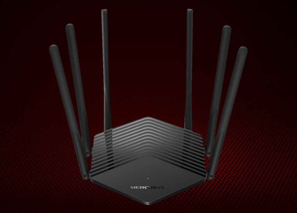 Router MERCUSYS MR50G Router widziany z przodu na tle czerwonej siatki, z sześcioma pionowo ustawionymi antenami i delikatnym czerwonym podświetleniem u podstawy, tryby działania, konfiguracja, funkcja WPS