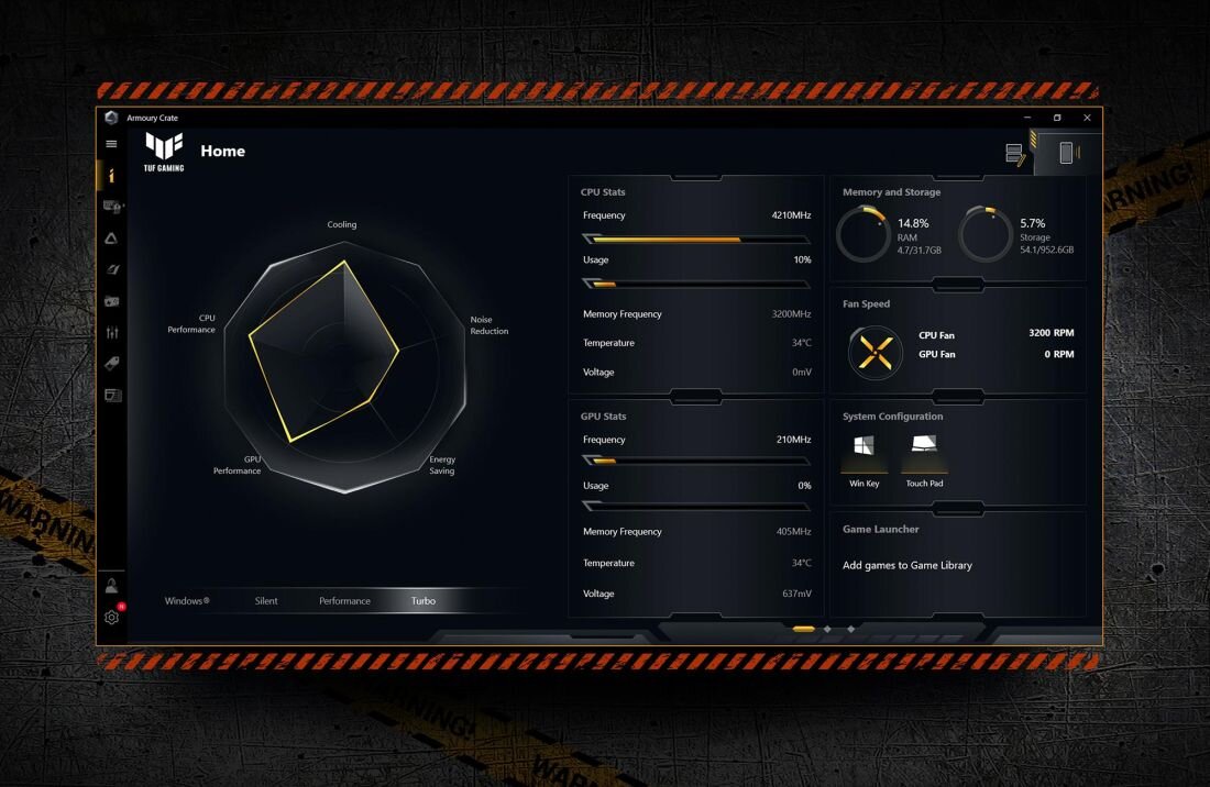 Ekran aplikacji Armoury Crate na tle industrialnej grafiki – po lewej wykres wydajności i chłodzenia, po prawej szczegółowe statystyki procesora, pamięci, prędkości wentylatorów i konfiguracji systemu, z żółtymi akcentami ostrzegawczymi. - Armoury Crate 