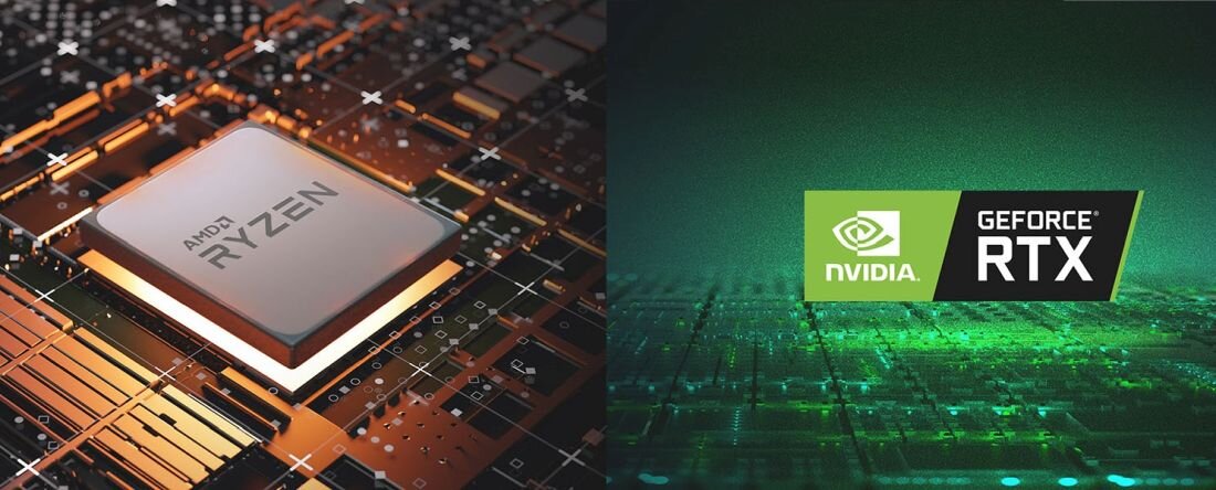 Po lewej stronie zbliżenie na procesor AMD Ryzen zamontowany na płycie głównej, po prawej logo NVIDIA GeForce RTX na tle zielonej, cyfrowej planszy – symbolizujące moc obliczeniową i wydajność graficzną laptopa ASUS TUF Gaming A15. - AMD Ryzen DDR5 5600 MHz SSD NVIDIA GeForce RTX 