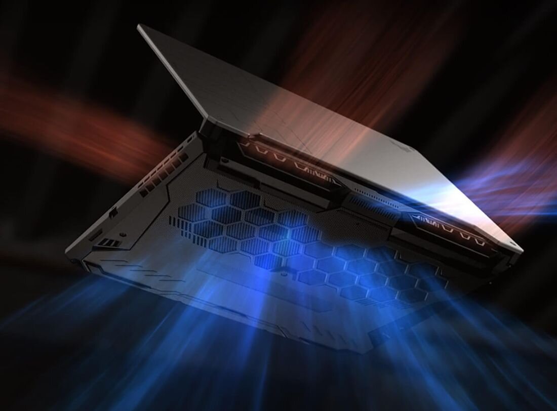 Po lewej stronie zbliżenie na procesor AMD Ryzen zamontowany na płycie głównej, po prawej logo NVIDIA GeForce RTX na tle zielonej, cyfrowej planszy – symbolizujące moc obliczeniową i wydajność graficzną laptopa ASUS TUF Gaming A15. - Zaawansowany układ chłodzenia 