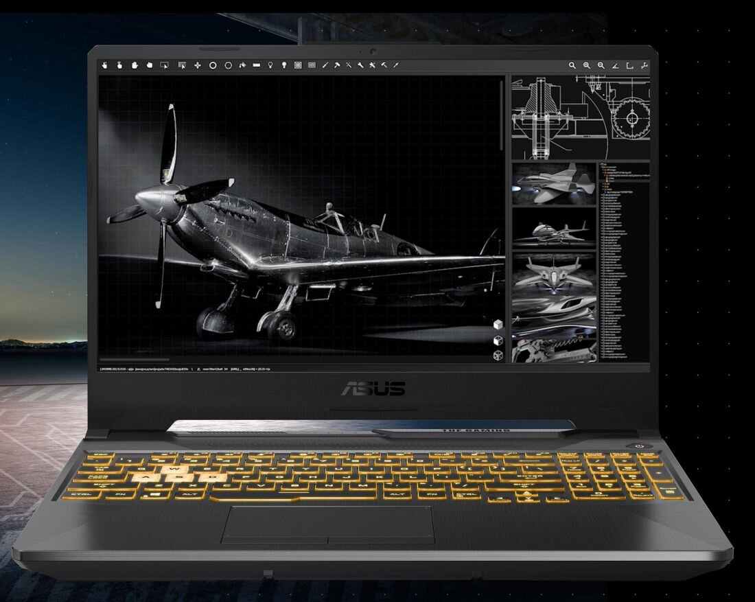 Otwarty laptop ASUS TUF Gaming A15 z podświetlaną na żółto klawiaturą, na ekranie wyświetlony czarno-biały model 3D samolotu i techniczne szkice w programie graficznym, tło z widokiem na nocne niebo i góry. - bateria o pojemności 48 Wh 