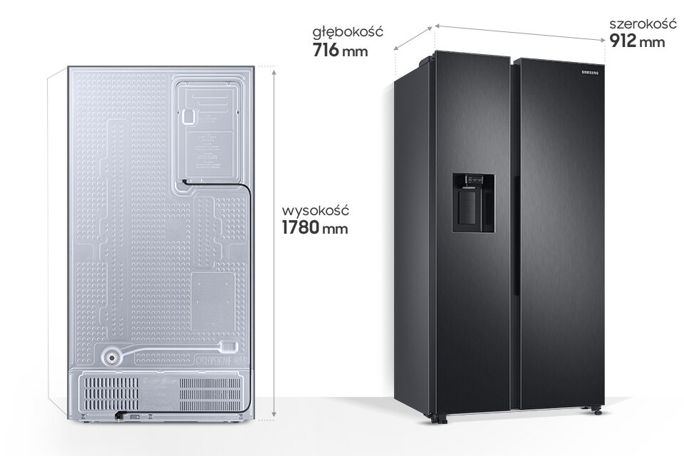 Tylna strona lodówki RS68A8540B1 oraz jej zdjęcie  z półprofilu