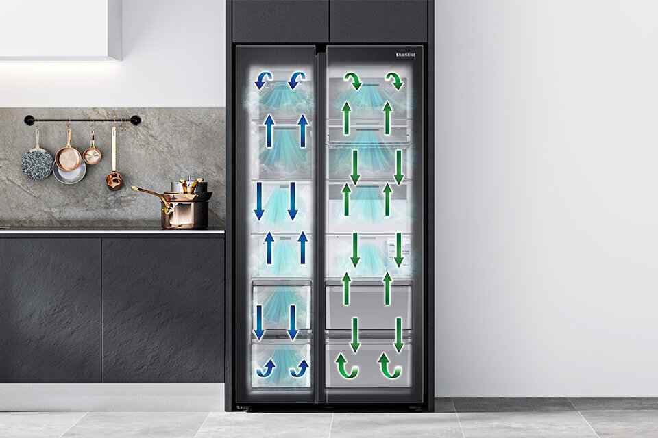 Lodówka w kuchni, w jej wnętrzu dwa osobne obiegi powietrza