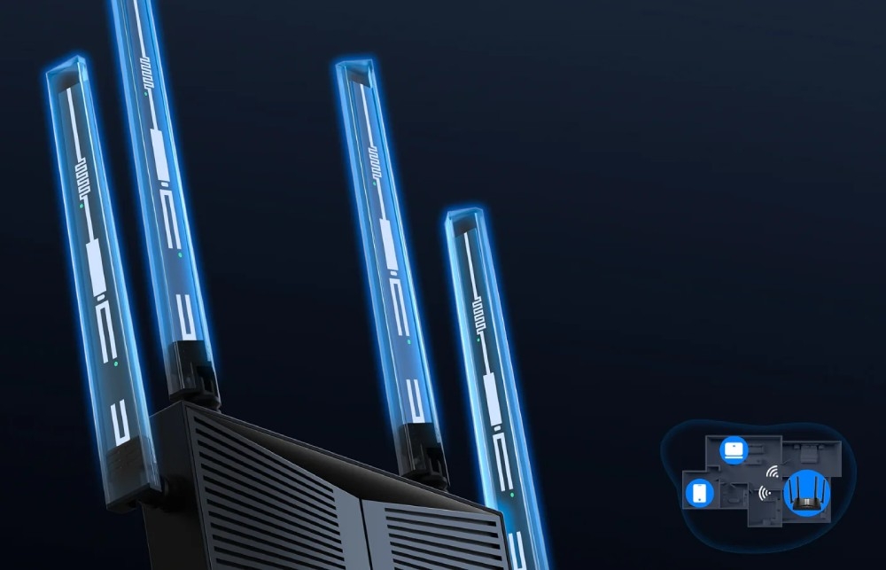 Router CUDY WR3600 Zbliżenie na cztery anteny routera z wizualizacją sygnału oraz małą grafiką przedstawiającą mapę mieszkania z routerem i urządzeniami, anteny, sygnał, technologia Beamforming