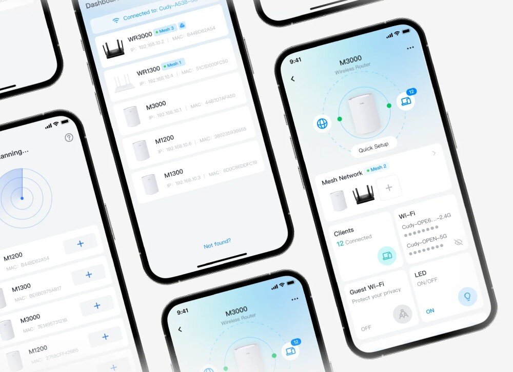Router CUDY WR3600 Ekrany smartfonów pokazujące aplikację mobilną do zarządzania siecią z funkcjami takimi jak konfiguracja, kontrola urządzeń i sieć gościnna, aplikacja, konfiguracja, funkcje