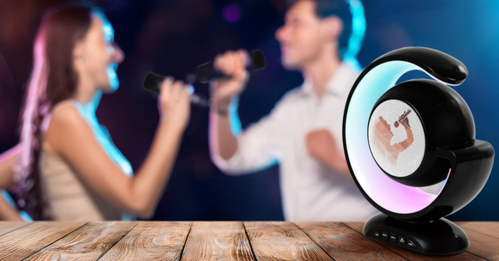 Zestaw karaoke MUSICMATE RainbowDust MM-SC70-B możliwość odtwarzania muzyki przez Bluetooth USB-A microSD AUX wydajny akumulator do 5 godzin na jednym ładowaniu ładowanie przez port USB-C kabel USB-A / USB-C w zestawie