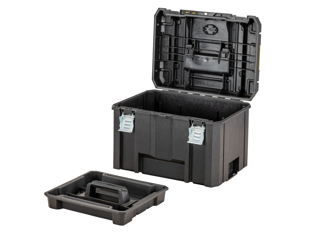 Skrzynka narzędziowa DEWALT DWST83346-1 otwarta skrzynka obok tacka białe tło wyjmowana tacka łatwy dostęp skraca czas przygotowania do pracy utrzymanie porządku