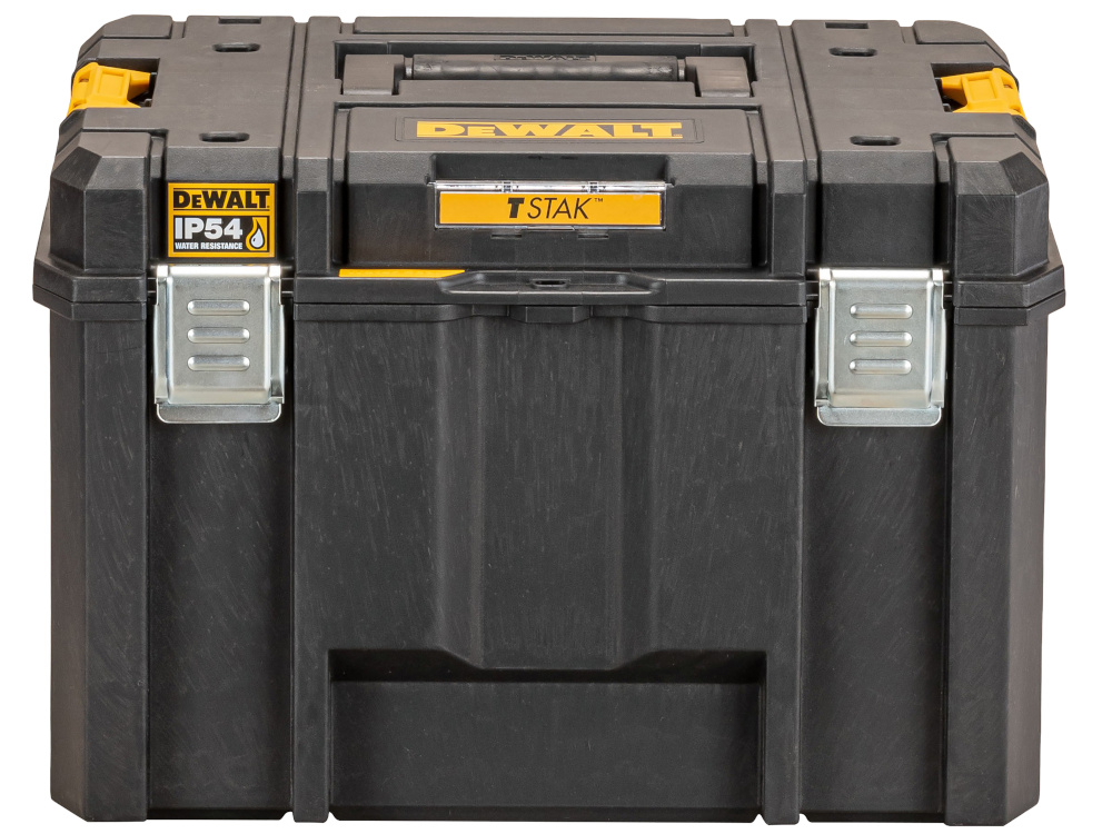 Skrzynka narzędziowa DEWALT DWST83346-1 skrzynka na białym tle widoczna od przodu wymiary 440 × 440 × 302 mm duża pojemność wytrzymałość