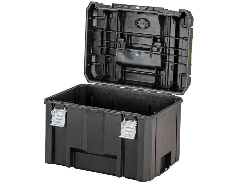 Skrzynka narzędziowa DEWALT DWST83346-1 otwarta skrzynka na białym tle widoczna od przodu pod skosem wygodne przechowywanie narzędzi i akcesoriów pojemność 23 litry efektywność komfort