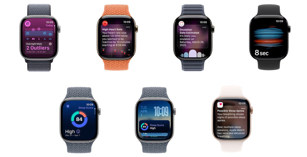 Apple Watch 11 GPS 42mm koperta z aluminium (onyks) + pasek sportowy rozmiar M/L (czarny) prezentacja zegarków z różnymi aplikacjami i funkcjami włączonymi na nich na białym tle aplikacje parametry życiowe EKG kontrolowanie stanu zdrowia pomiar temperatury w czasie snu śledzenie cyklu