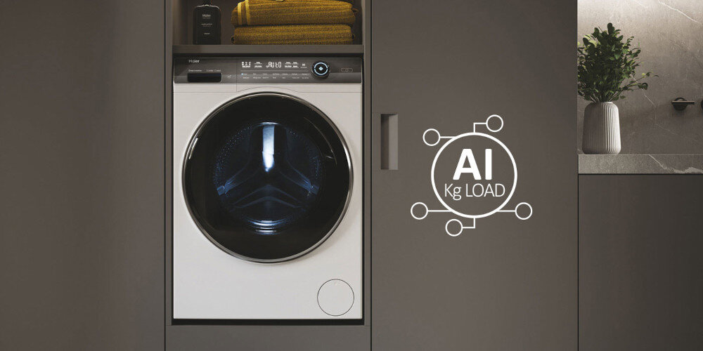 PRALKA HAIER HW90G-BD14979U1S lifestyle wizualizacja front zabudowa drzwiczki oszczędności system wagowy AL KG Load dopasowanie ilość wody detergentów