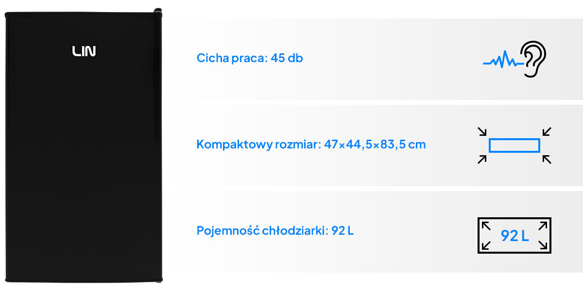 Lodówka LIN LI-BC92 83,5 cm do biura mieszkania ograniczonych przestrzeni Kompaktowe wymiary przemyślany układ wnętrza oszczędność miejsca wygoda