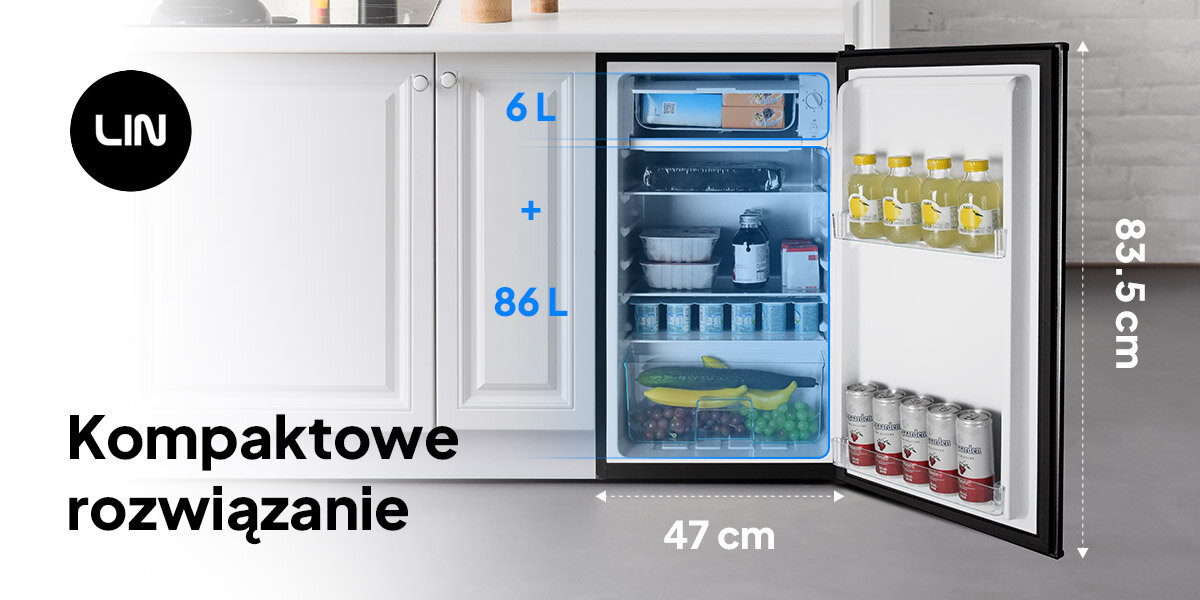 Lodówka LIN LI-BC92 85cm Kompaktowa funkcjonalna 92 litry pojemności wymiary 47,5 cm x 44,5 cm x 85 cm do mniejszych kuchni biur
