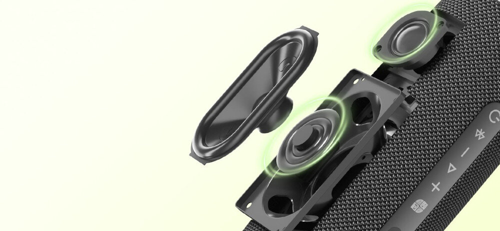 Głośnik mobilny TRONSMART Mirtune C3 Plus bogaty dźwięk bez zniekształceń, przekrój głośnika na jasnym tle