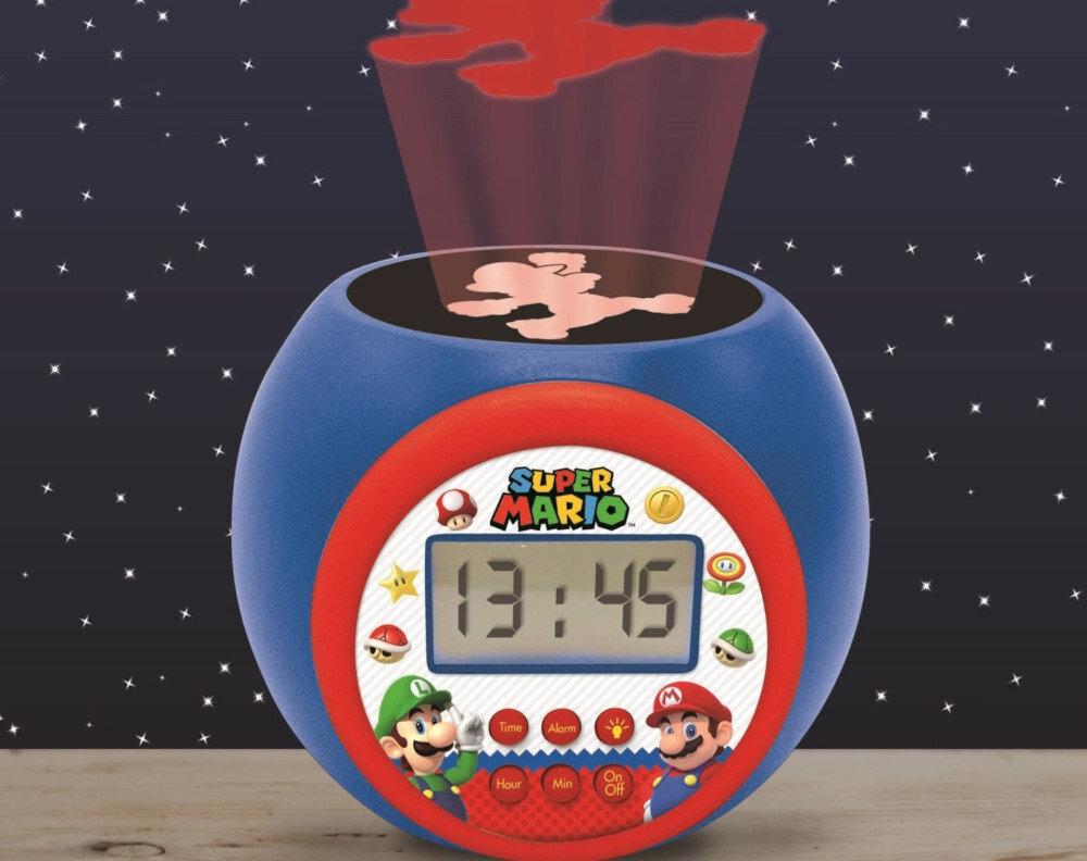 Budzik z projektorem LEXIBOOK Super Mario RL977NI Nastrojowe światło projekcja projektor atmosfera tematyczny obrazek funkcja nocnego światła trzy kolory pomarańczowy niebieski czerwony