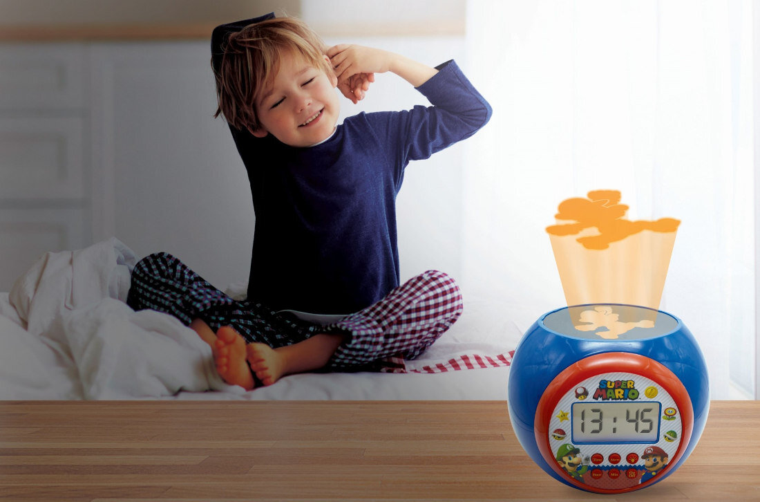 Budzik z projektorem LEXIBOOK Super Mario RL977NI Wspieranie spokojnego snu łagodne światło kolorowa projekcja pomoc ciemność relaks zasypianie sen zdolności poznawcze rozwój pamięć korzyści