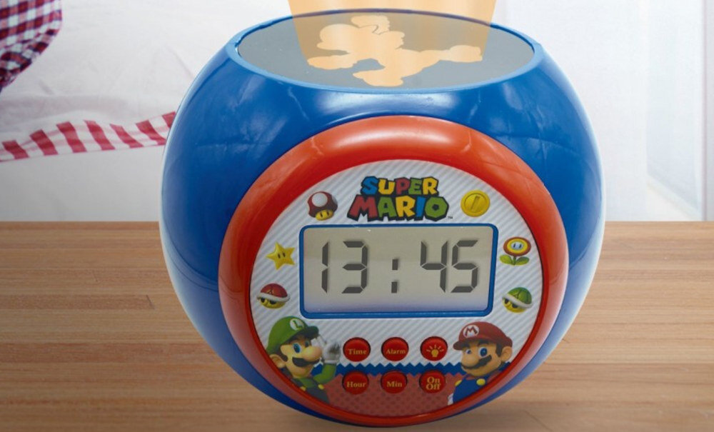 Budzik z projektorem LEXIBOOK Super Mario RL977NI Prosta obsługa intuicyjne funkcje podświetlany ekran LCD format czas łatwa obsługa przyciski ustawienie godziny budzik Ikona dzwonka