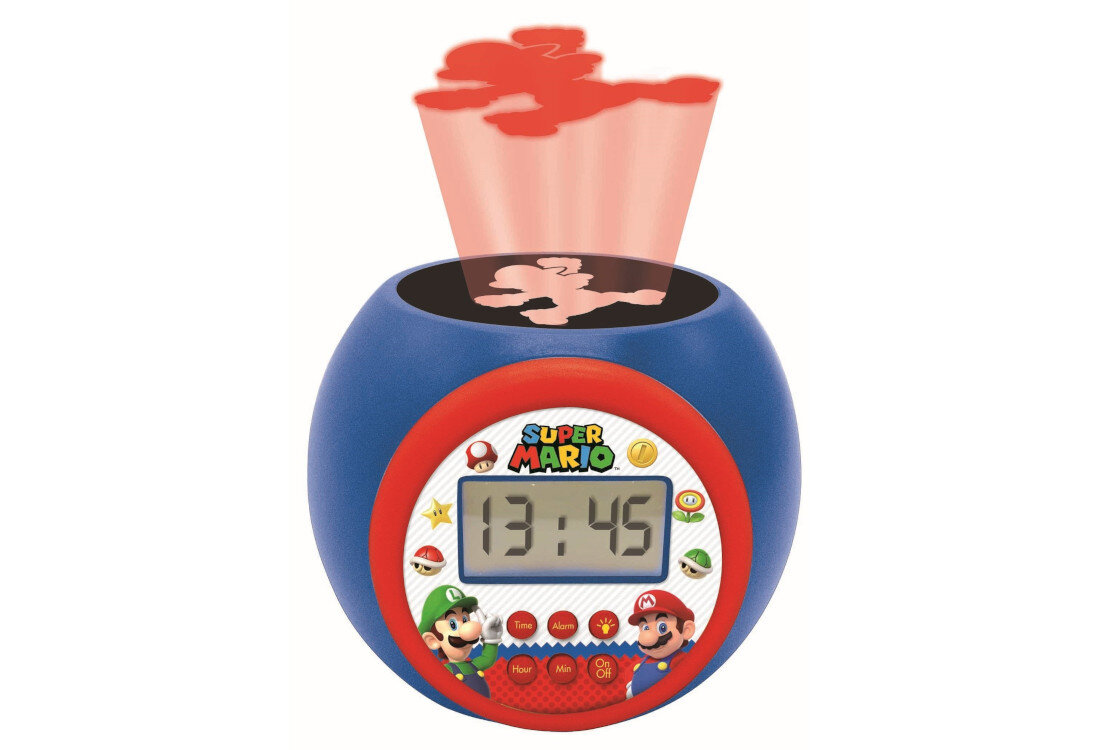 Budzik z projektorem LEXIBOOK Super Mario RL977NI praktyczny design wymiary Zasilany jest trzema bateriami AAA/LR03 wymiana baterii