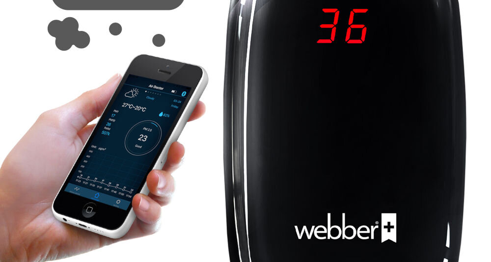 Czujnik jakości powietrza WEBBER SP75 stacja pomiarowa cząsteczki PM 2,5 PM10 PM1 laserowy sensor SMOGU monitorowanie dokładnego stężenia pyłów zawieszonych wyświetlacz aplikacja mobilna smartfon technologia bluetooth zwiększona wygoda użytkowania 