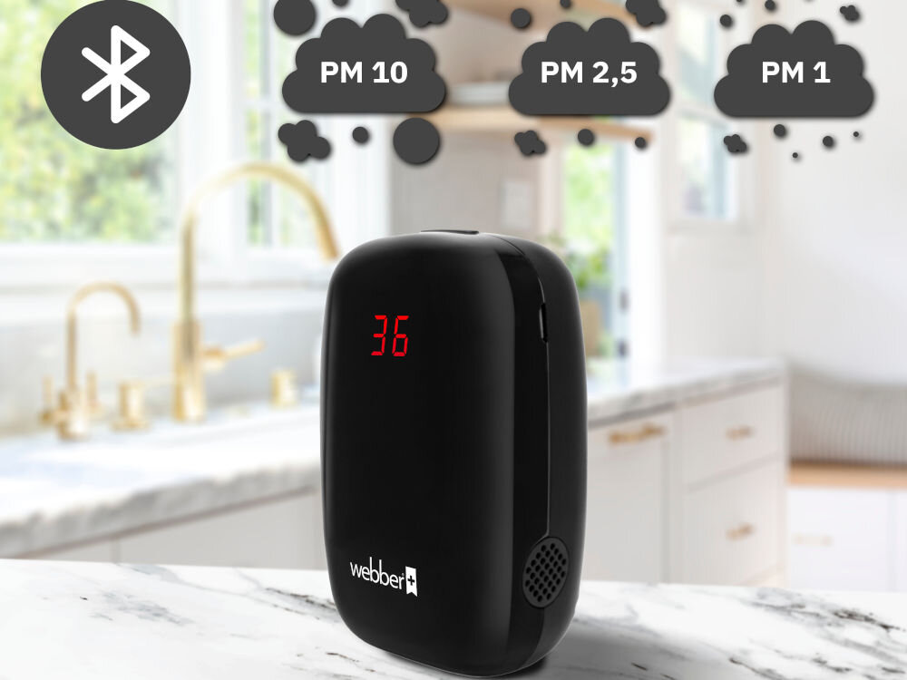 Czujnik jakości powietrza WEBBER SP75 aplikacja szczegółowe informacje stężenie pyłu PM 2,5 PM10 aktualne pomiary prognoza pogody poziom zanieczyszczenia powietrza precyzyjne wykresy śledzenie zmiany stężenia pyłów jakość powietrza