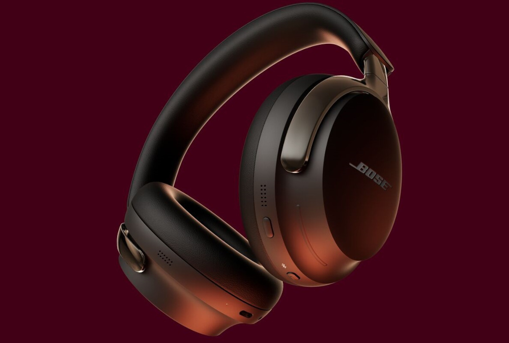 BOSE QuietComfort Ultra 2 gen dźwięk przestrzenny redukcja szumów komfort, słuchawki nauszne na bordowym tle