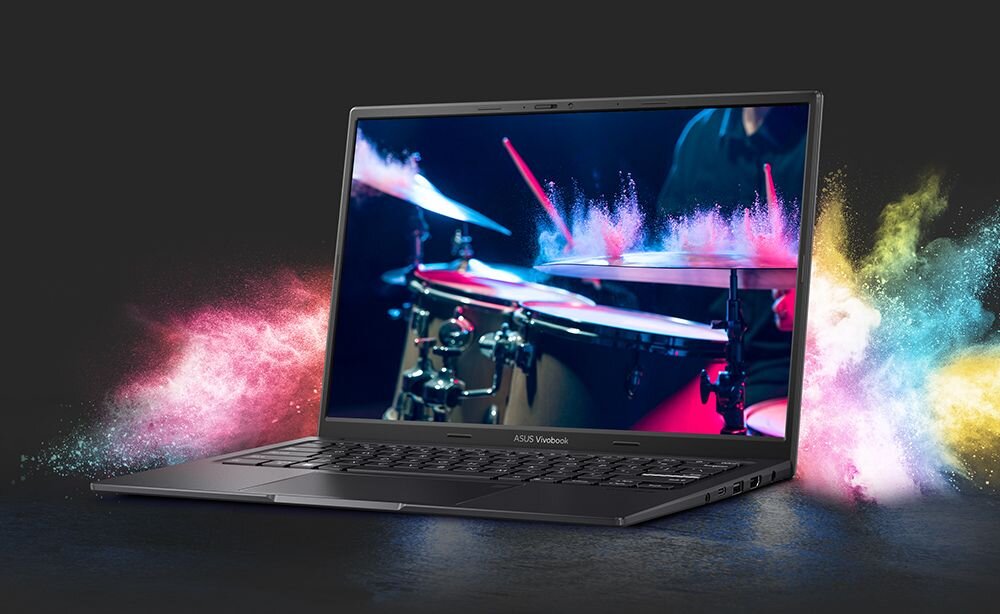 Laptop ASUS VivoBook 14X K3405 - Laptop z perkusją na pierwszym planie, ilustrujący interakcję między muzyką a urządzeniami.