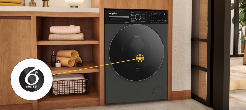 PRALKA WHIRLPOOL WAM 764GKBC PL wizualizacja lifestyle pralka front oznaczenie ikona Technologia 6. Zmysł półki ręczniki kosz dekoracje