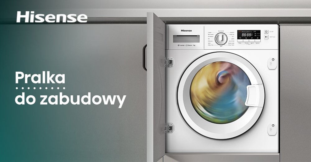 PRALKA HISENSE WF3M841BWI zdjęcie poglądowe wizualizacja logo napis PRALKA DO ZABUDOWY front zamknięta panel 8 kg załadunku programy pokrętło wyświetlacz funkcje cykl prania szybkie pranie programy parowe silnik inwerterowy Programy z parą dezynfekcja usuwanie bakterii zarazków cicha praca trwała niezawodna mniejsze zużycie energii Dla delikatnej skóry dziecka wysoka temperatura dezynfekcja obróbka parowa 90°C Dodatkowe płukanie usuwanie alergenów resztek dla ubranek dziecięcych dla alergików świeże czyste