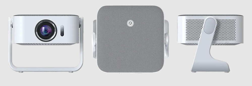 Projektor KIANO Elegance Cinema wykończenie premium metaliczne akcenty siateczka mesh, trzy kadry projektora na szarym tle