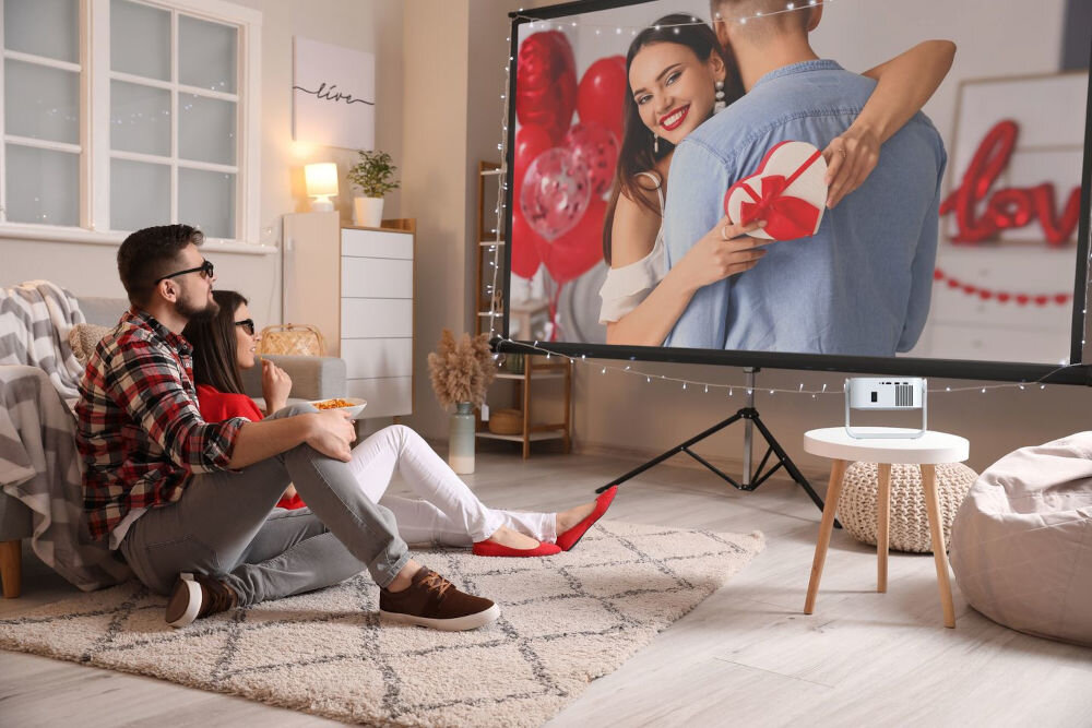 Projektor KIANO Elegance Cinema Smart Apps dostęp do platform streamingowych bez urządzeń zewnętrznych, osoby siedzące na podłodze oglądające film na ekranie projekcyjnym