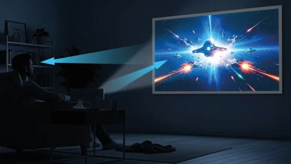 Projektor KIANO Elegance Cinema ochrona oczu brak szkodliwego światła, osoba siedząca na fotelu, oglądająca film puszaczany z projektora