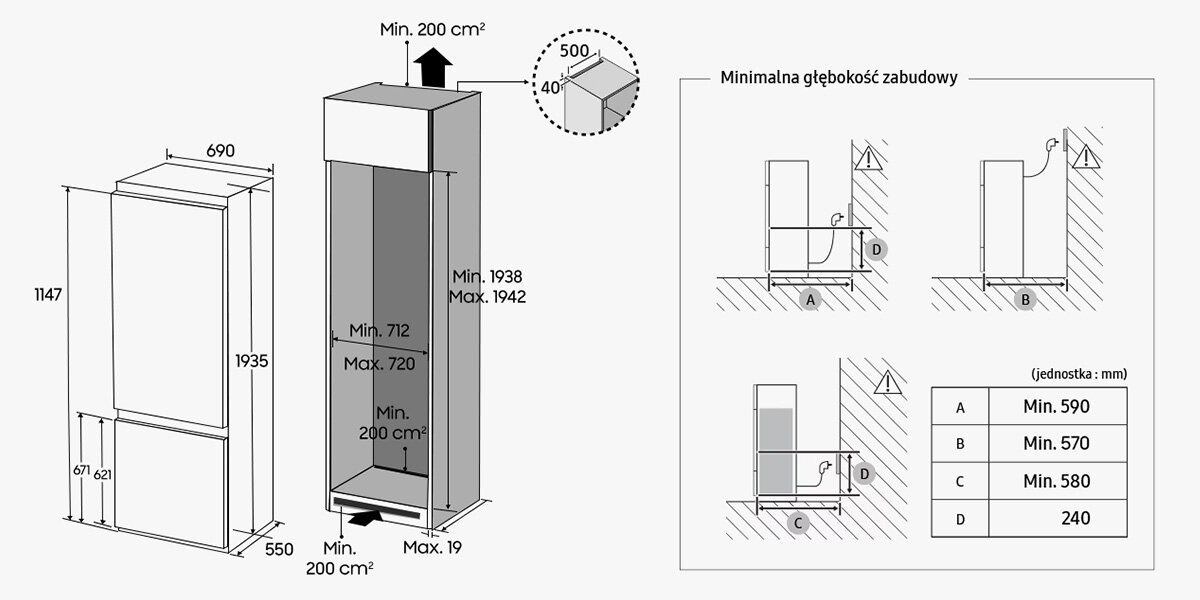 Wymiary - Samsung lodówka z zamrażalnikiem BRB38G705DWW w Media Expert