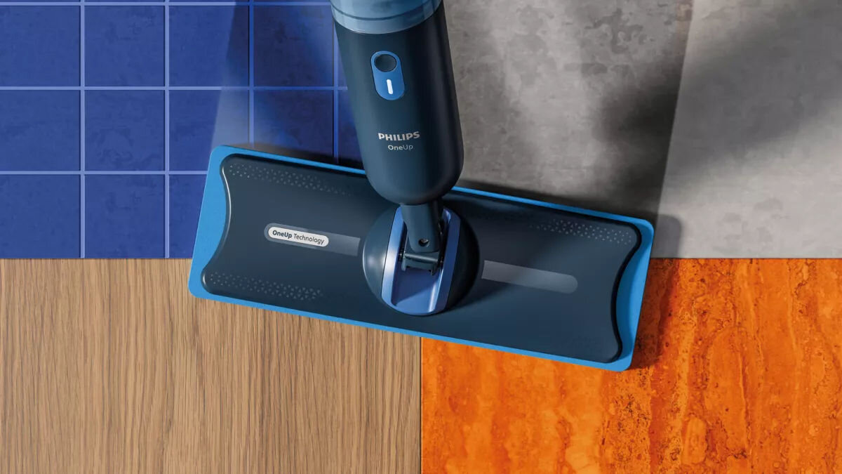 Płyn do mopów elektrycznych PHILIPS OneUp XV1892/02 do powierzchni twardych 2 x 40 ml mop na tle wizualizaującym rózne rodzaje podłog drewno kafelki panele linoleum do wszystkich podłóg