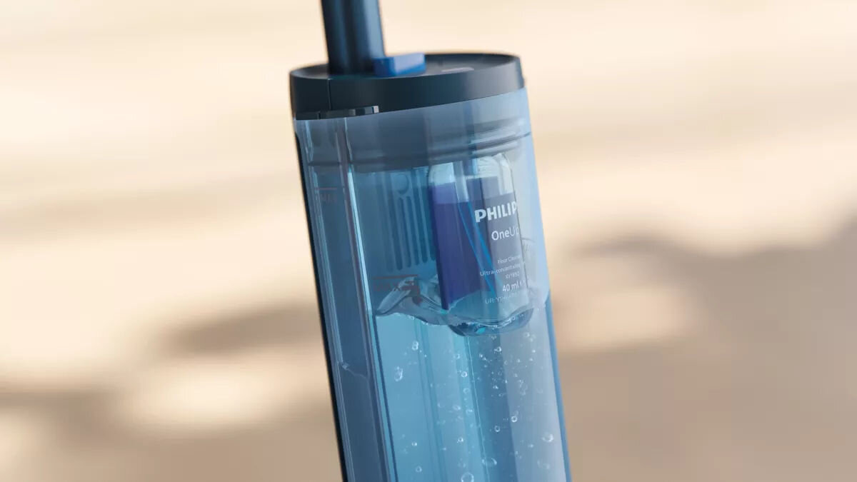 Płyn do mopów elektrycznych PHILIPS OneUp XV1892/02 do powierzchni twardych 2 x 40 ml butelka z płynem zamocowana w mopie wpinanie wkładu łatwe dozowanie bez odmierzania