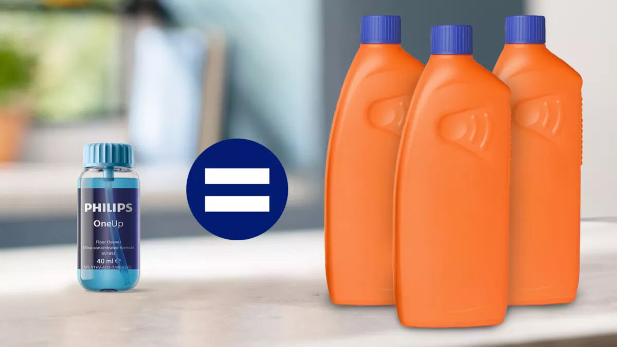 Płyn do mopów elektrycznych PHILIPS OneUp XV1892/02 do powierzchni twardych 2 x 40 ml wizualizacja 1 mała butelka równa się 3 duże butelki do 40 mopowań mniej odpadów wygodne dozowanie