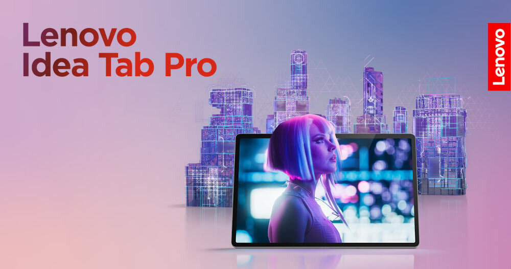 Tablet LENOVO IdeaTab Pro ZAE40057PL 12.7 8/128GB Wi-Fi Szary + Rysik wizualizacja tabletu na tle schematu przypominającego wieżowce