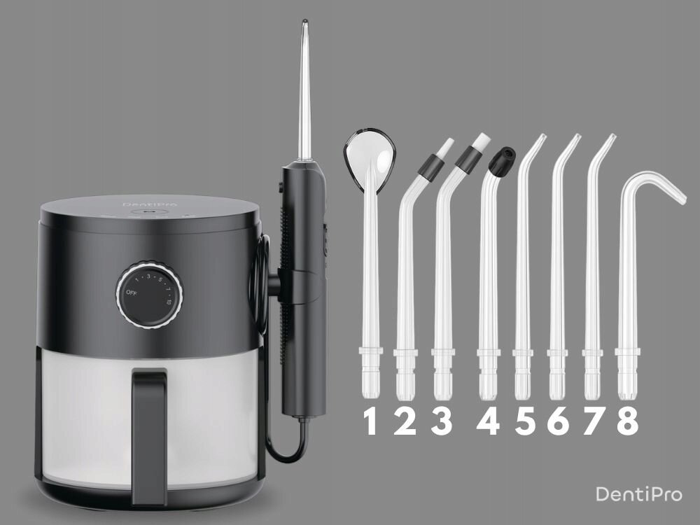 Irygator ALPHA DentiPro SWF-07 Czarny 8 końcówek w zestawie, dopasowany do potrzeb, czyszczenie