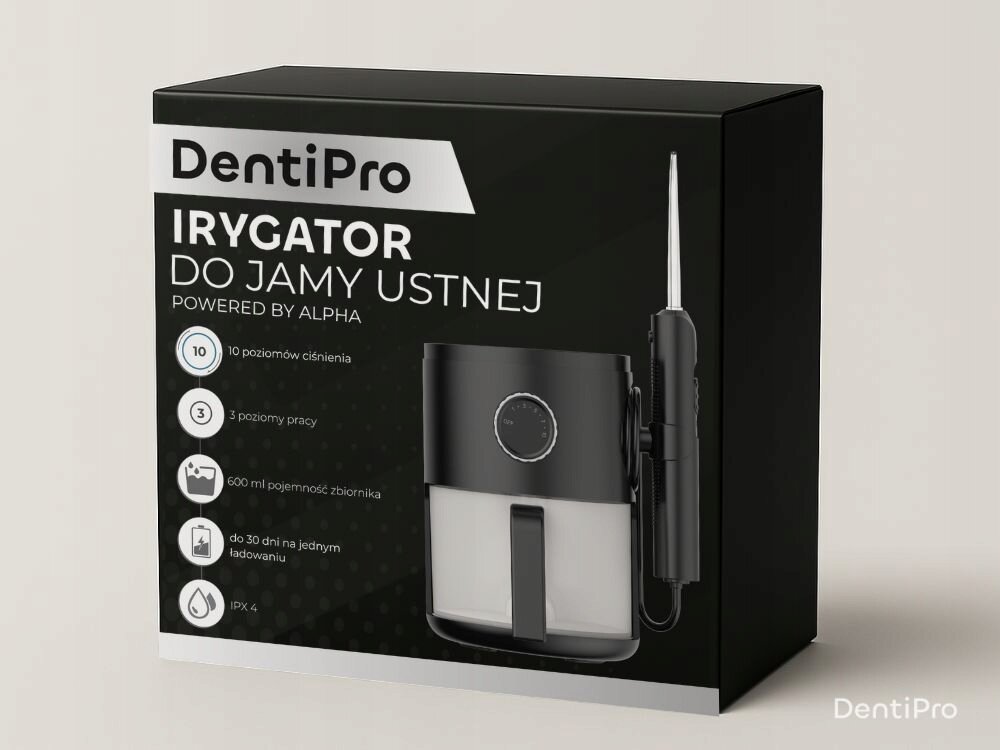 Irygator ALPHA DentiPro SWF-07 Czarny kompaktowa forma, duża pojemność, łatwe dopasowanie
